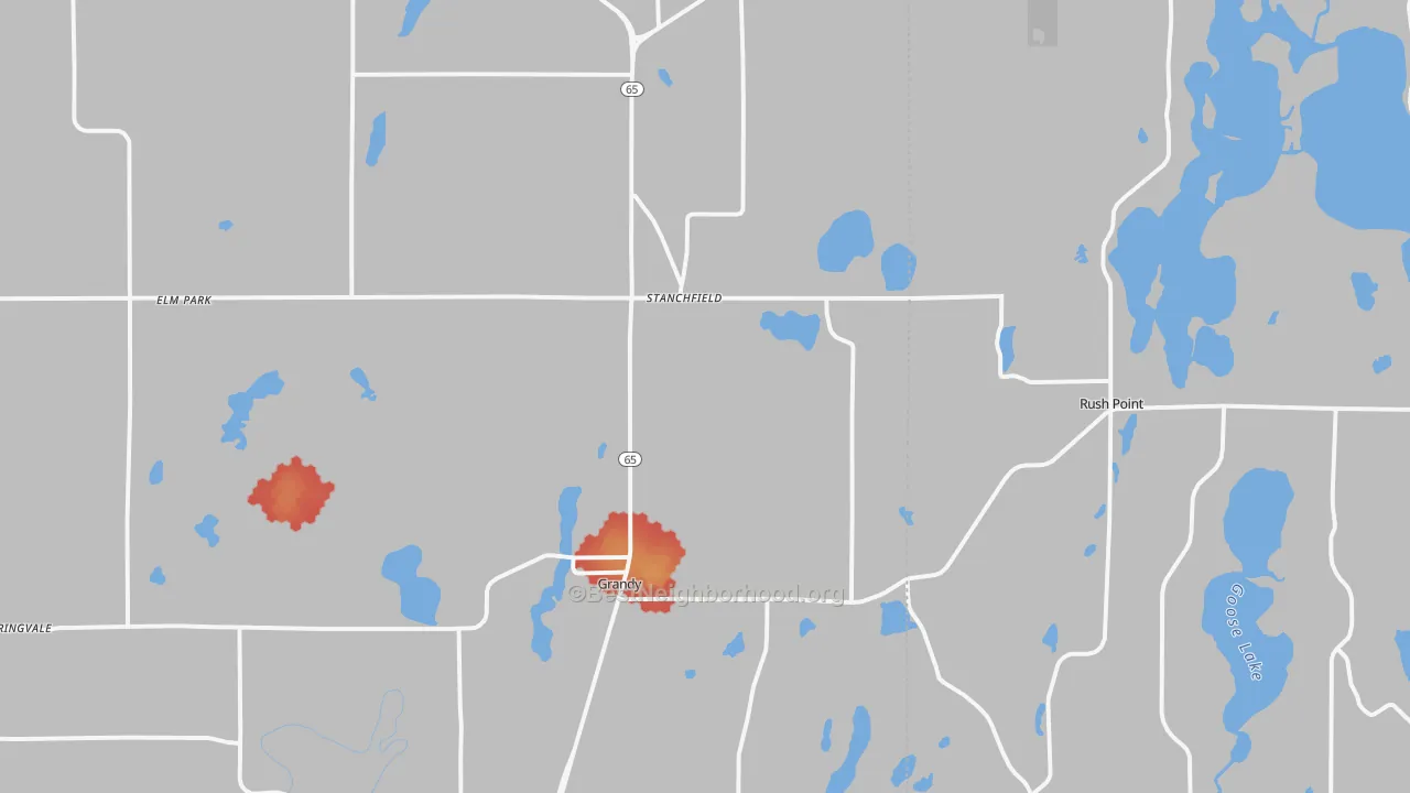 Walk Grade map of 55080, MN, walkable areas in green and car-dependent areas in red