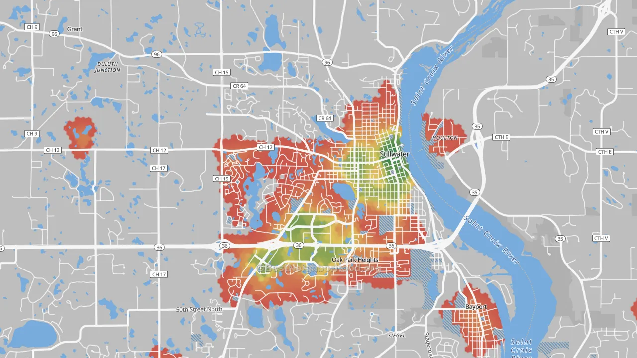 Walk Grade map of 55082, MN, walkable areas in green and car-dependent areas in red