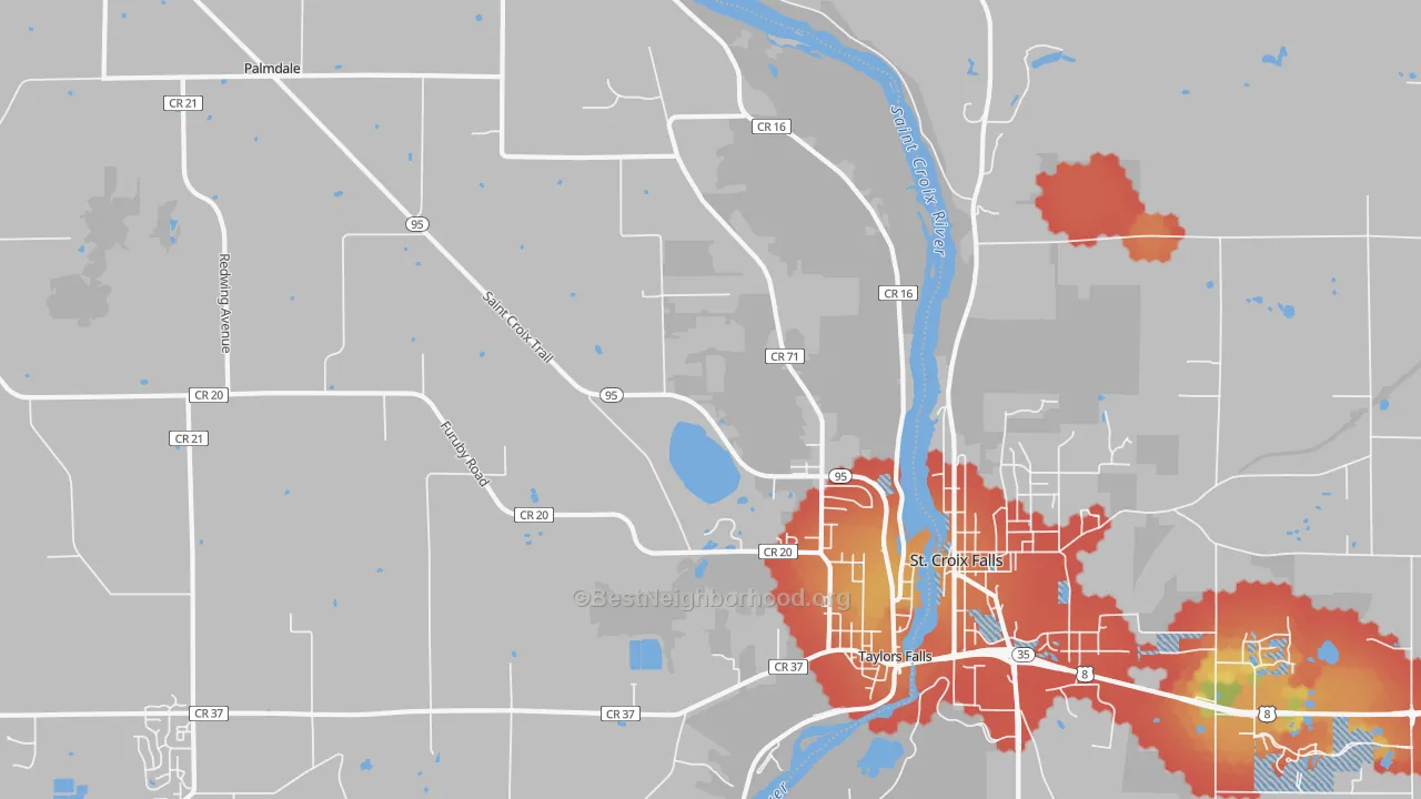 Walk Grade map of 55084, MN, walkable areas in green and car-dependent areas in red