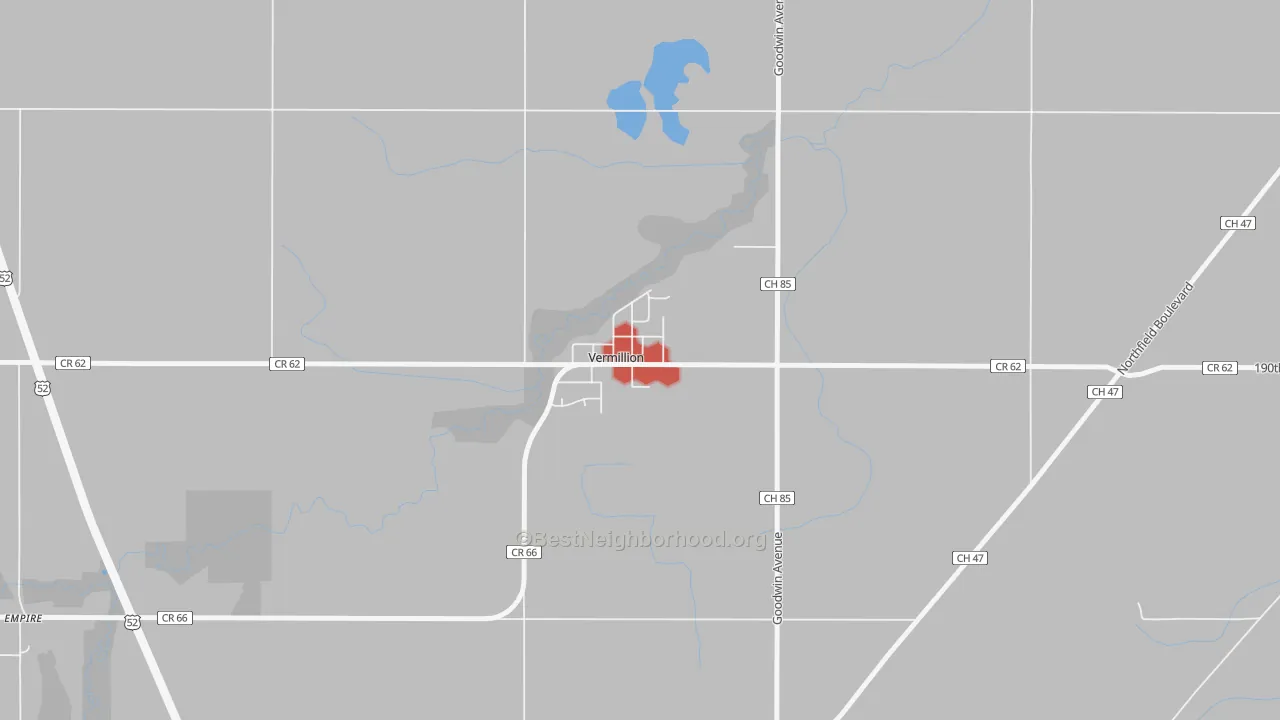 Walk Grade map of 55085, MN, walkable areas in green and car-dependent areas in red