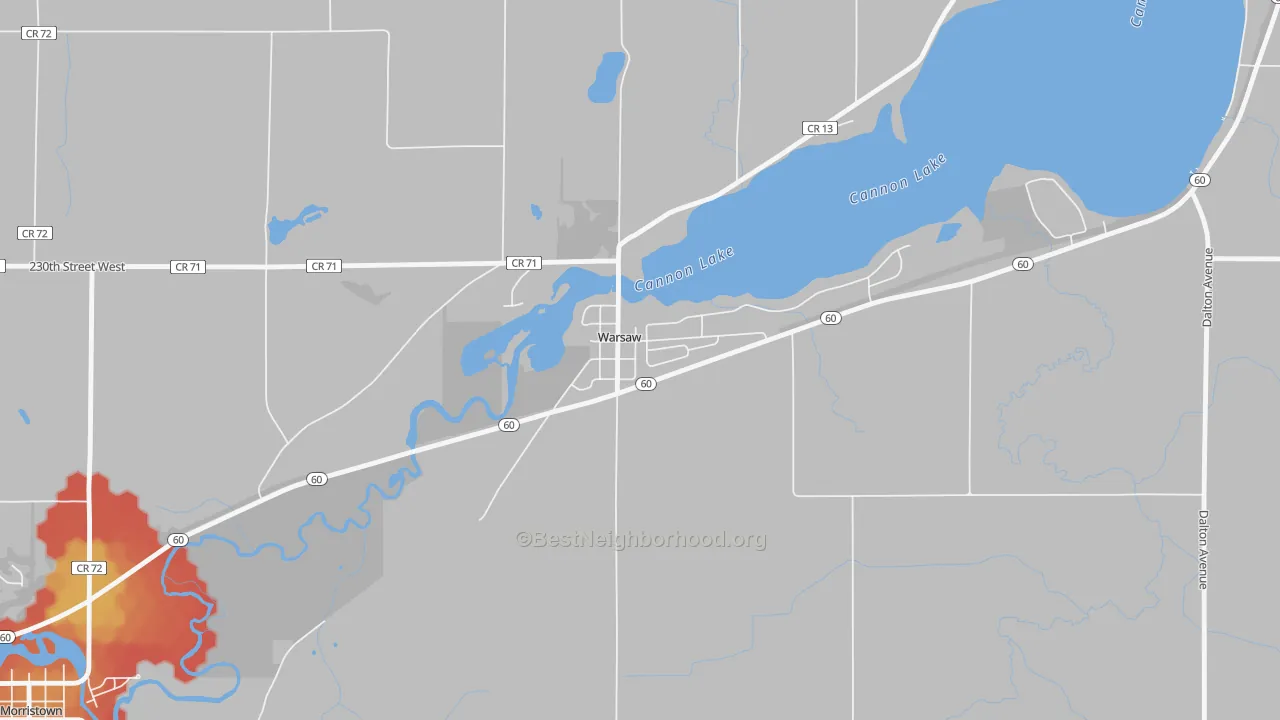Walk Grade map of 55087, MN, walkable areas in green and car-dependent areas in red