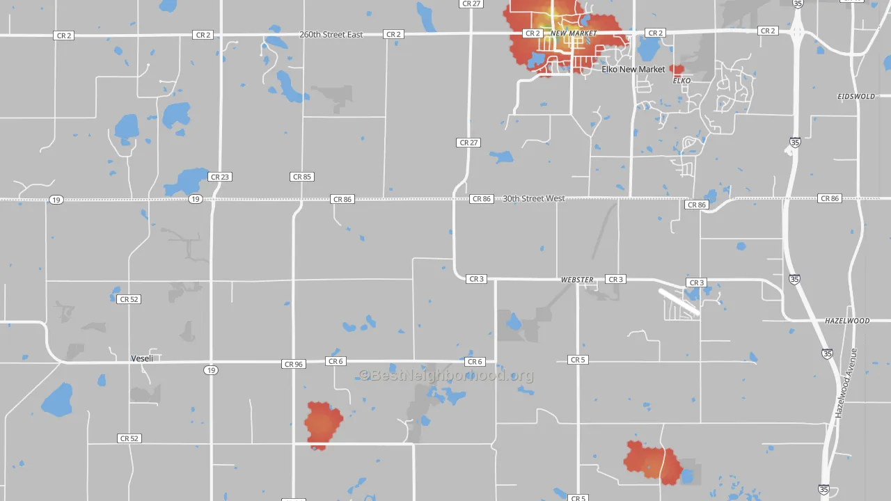 Walk Grade map of 55088, MN, walkable areas in green and car-dependent areas in red