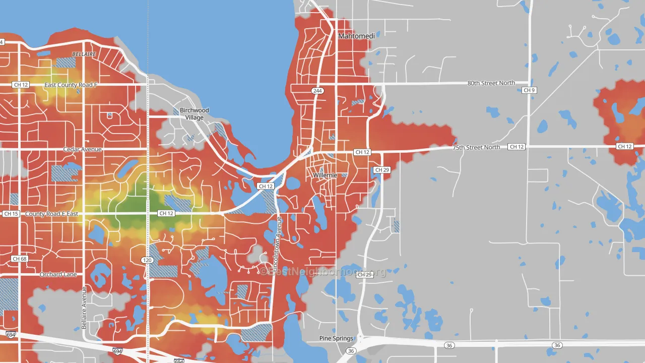 Walk Grade map of 55090, MN, walkable areas in green and car-dependent areas in red