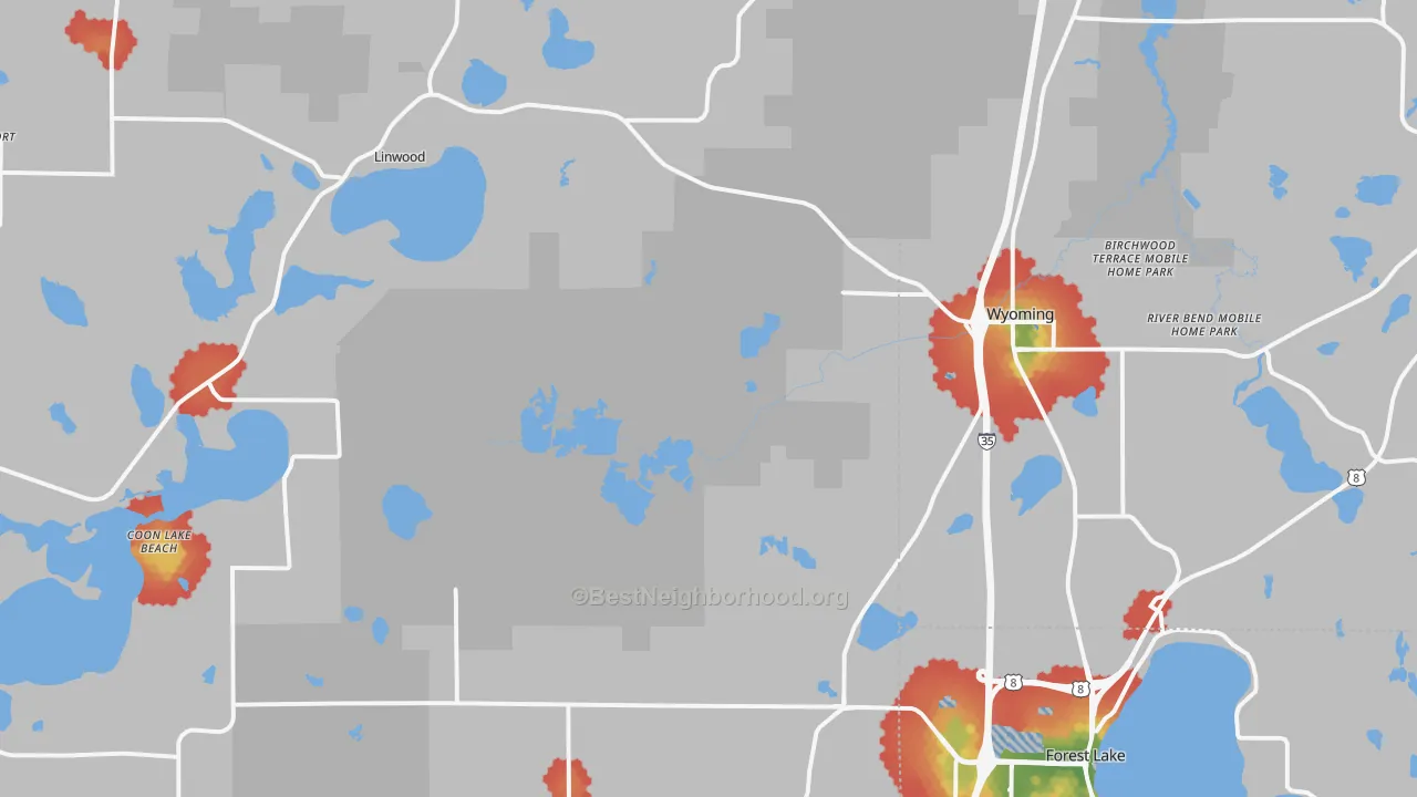 Walk Grade map of 55092, MN, walkable areas in green and car-dependent areas in red