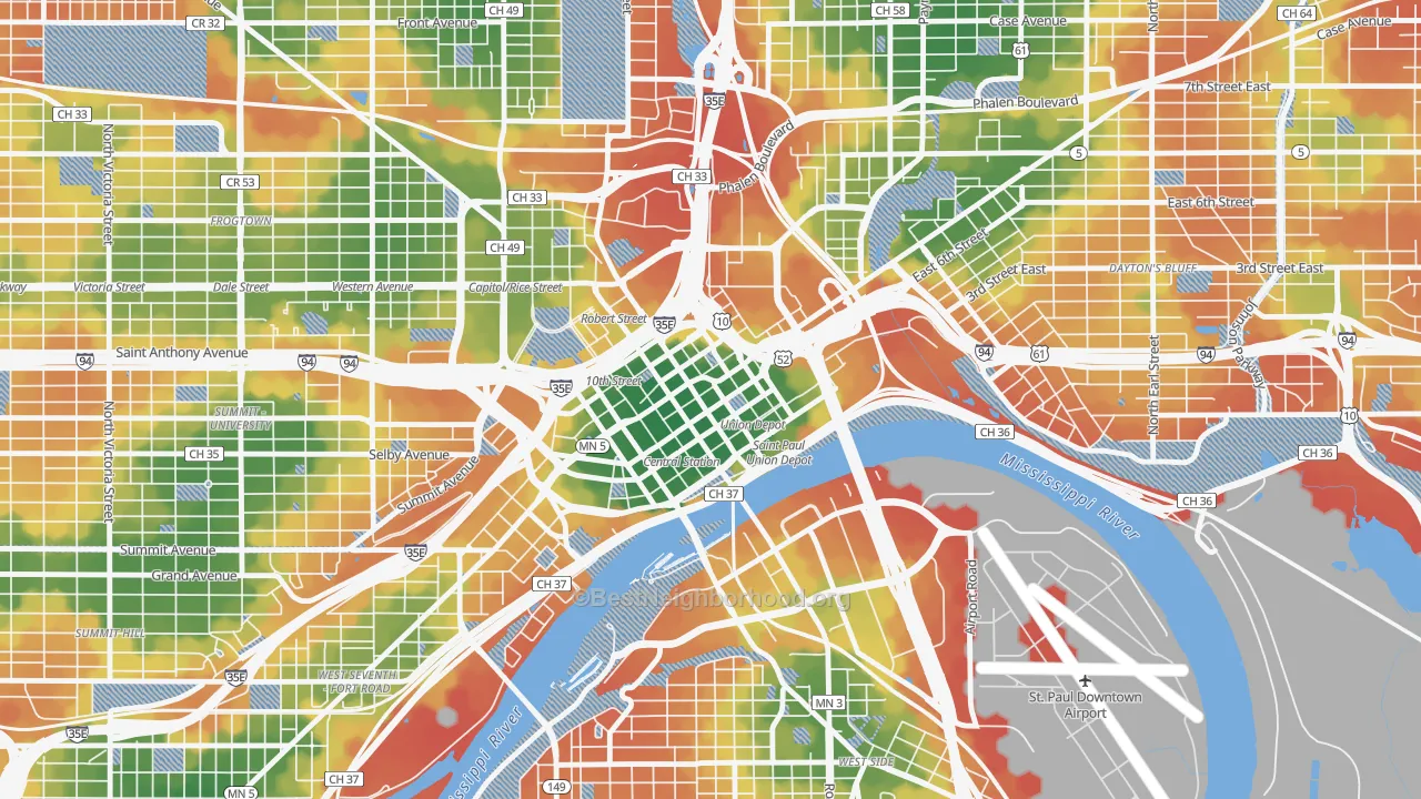 Walk Grade map of 55101, MN, walkable areas in green and car-dependent areas in red