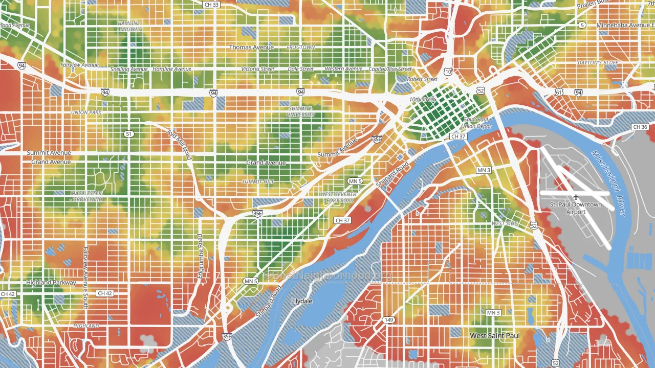 Walk Grade map of 55102, MN, walkable areas in green and car-dependent areas in red