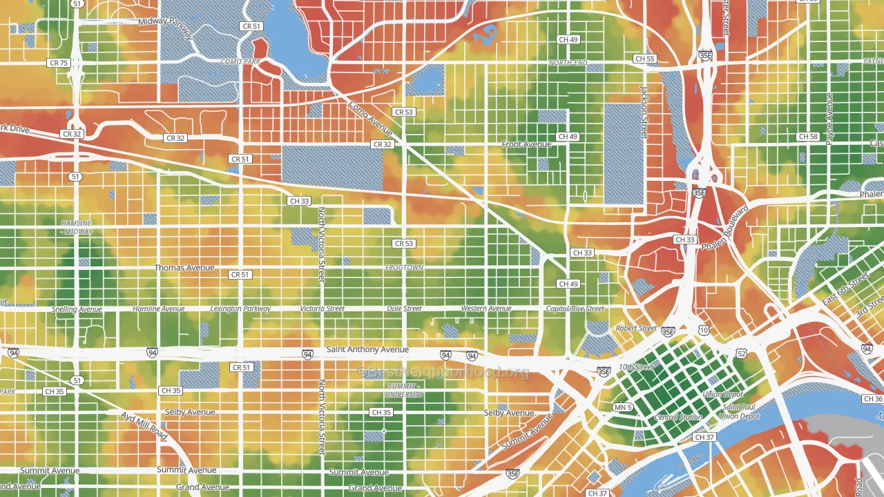 Walk Grade map of 55103, MN, walkable areas in green and car-dependent areas in red