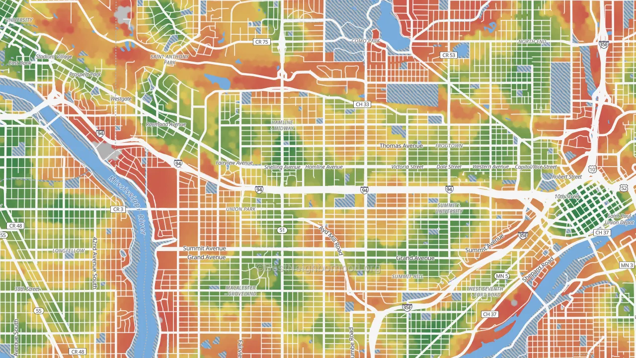 Walk Grade map of 55104, MN, walkable areas in green and car-dependent areas in red