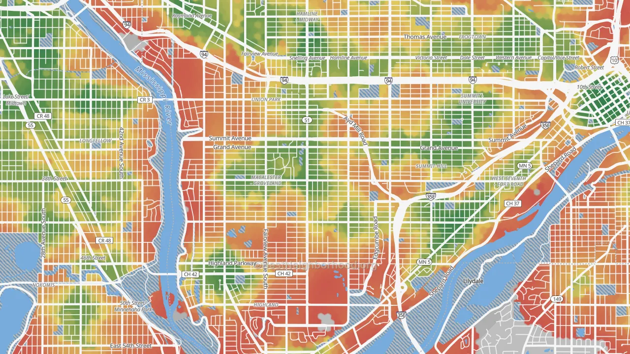 Walk Grade map of 55105, MN, walkable areas in green and car-dependent areas in red