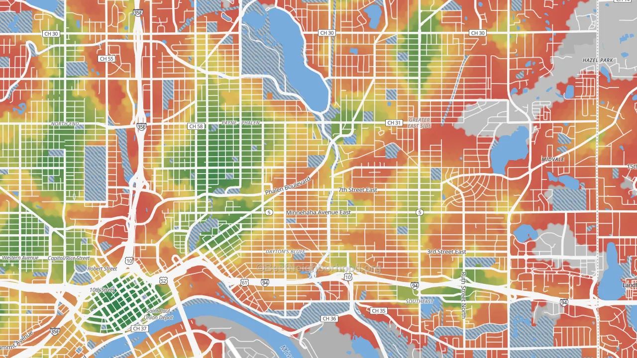 Walk Grade map of 55106, MN, walkable areas in green and car-dependent areas in red