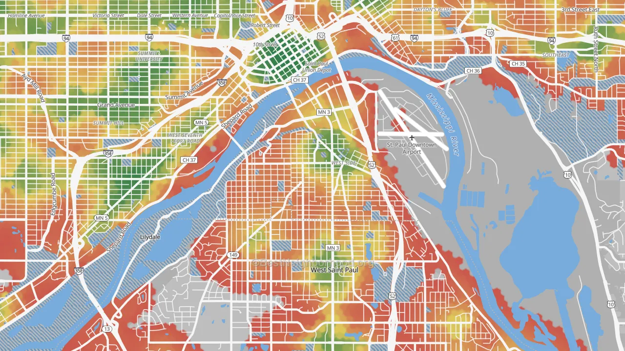 Walk Grade map of 55107, MN, walkable areas in green and car-dependent areas in red
