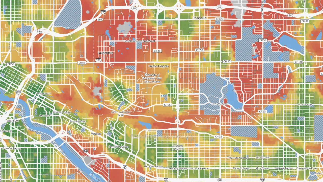 Walk Grade map of 55108, MN, walkable areas in green and car-dependent areas in red