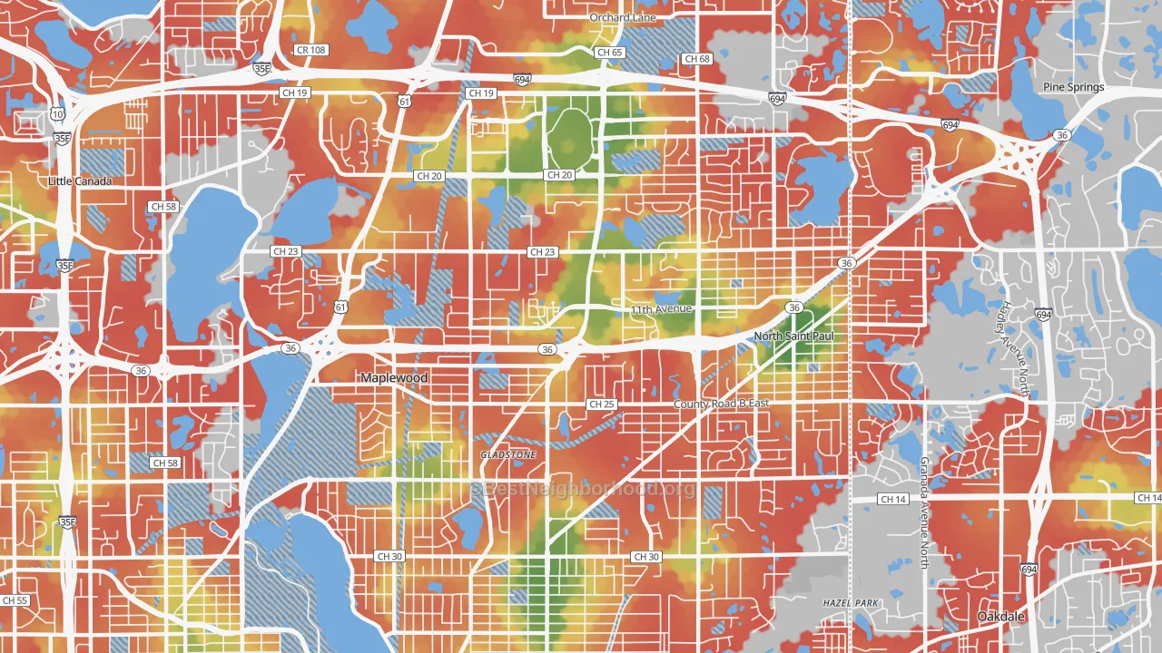 Walk Grade map of 55109, MN, walkable areas in green and car-dependent areas in red