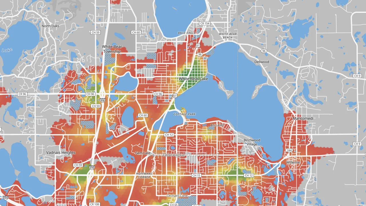 Walk Grade map of 55110, MN, walkable areas in green and car-dependent areas in red