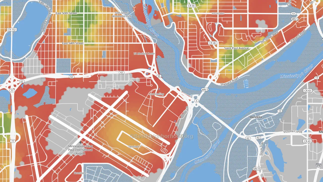 Walk Grade map of 55111, MN, walkable areas in green and car-dependent areas in red