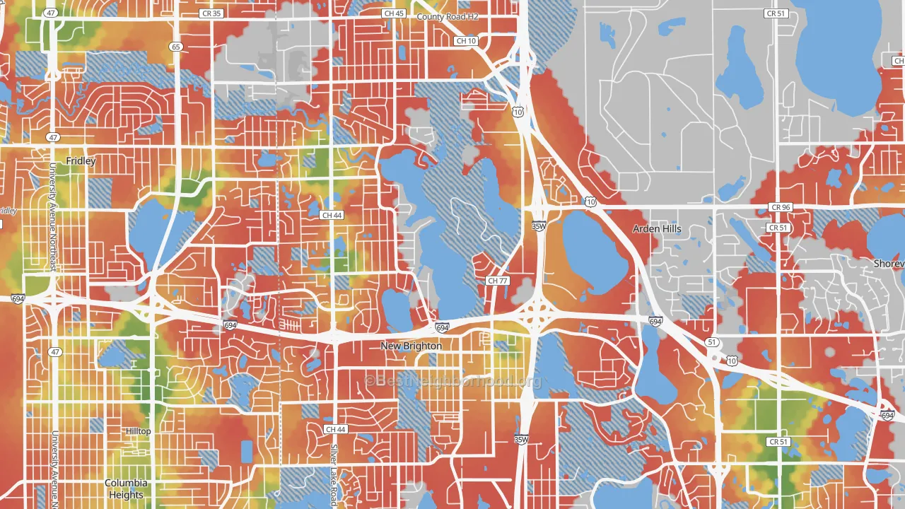 Walk Grade map of 55112, MN, walkable areas in green and car-dependent areas in red