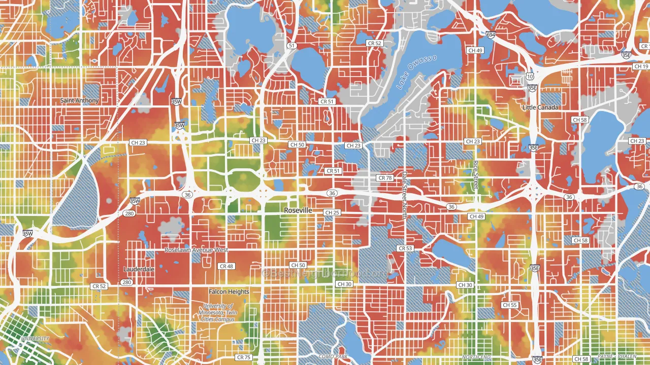 Walk Grade map of 55113, MN, walkable areas in green and car-dependent areas in red