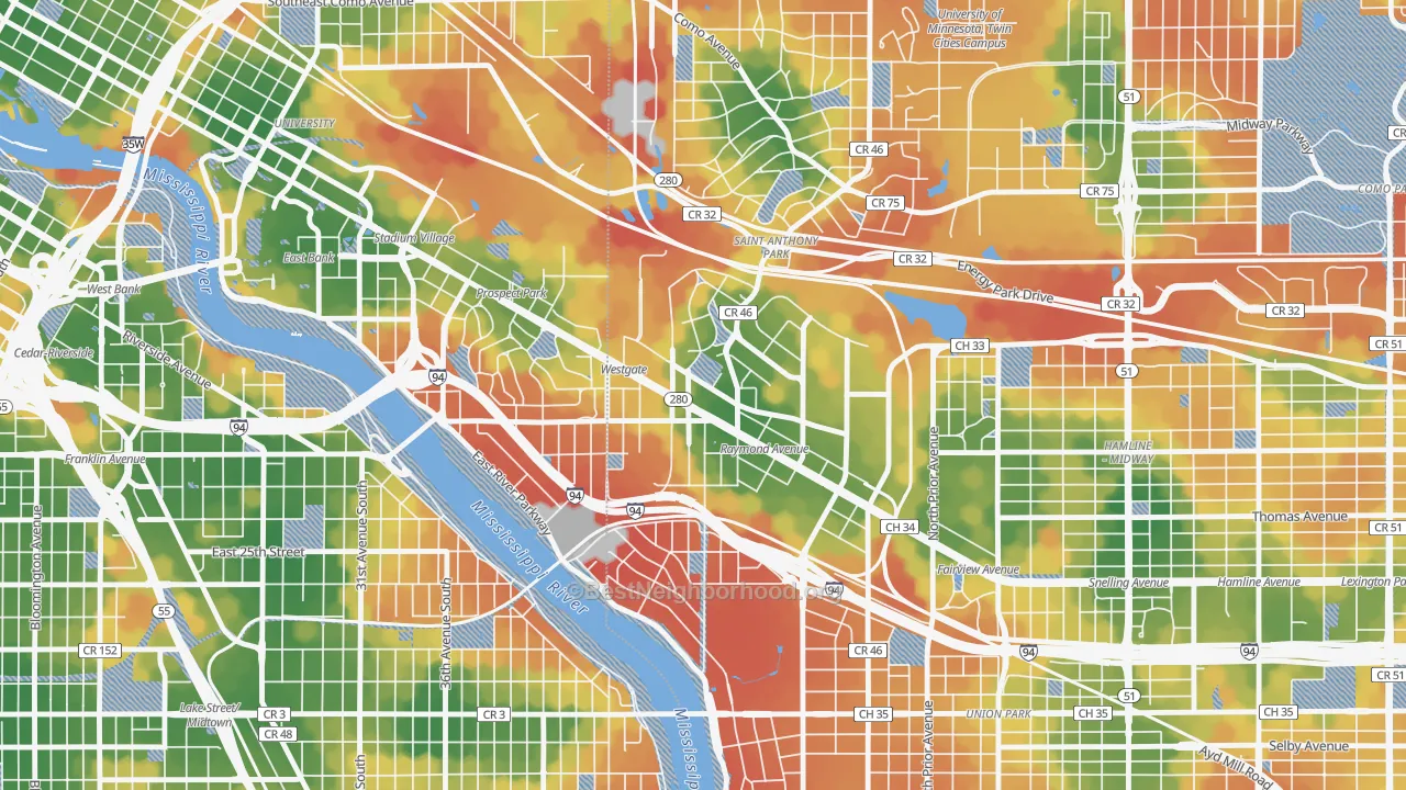 Walk Grade map of 55114, MN, walkable areas in green and car-dependent areas in red