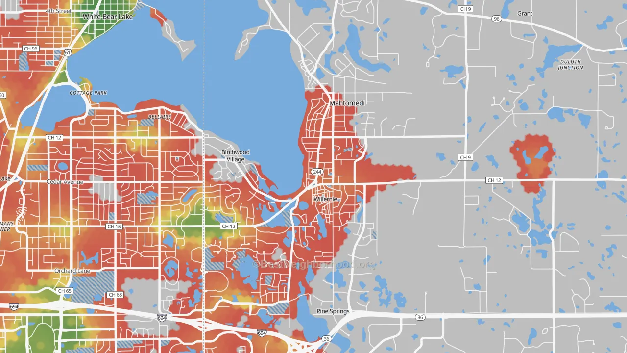 Walk Grade map of 55115, MN, walkable areas in green and car-dependent areas in red