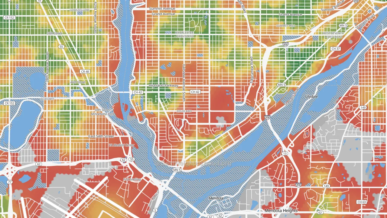 Walk Grade map of 55116, MN, walkable areas in green and car-dependent areas in red