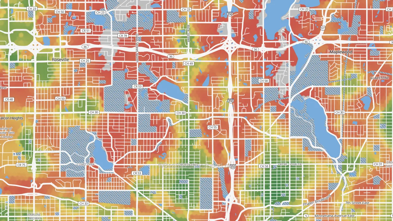 Walk Grade map of 55117, MN, walkable areas in green and car-dependent areas in red