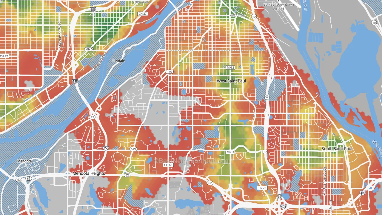 Walk Grade map of 55118, MN, walkable areas in green and car-dependent areas in red
