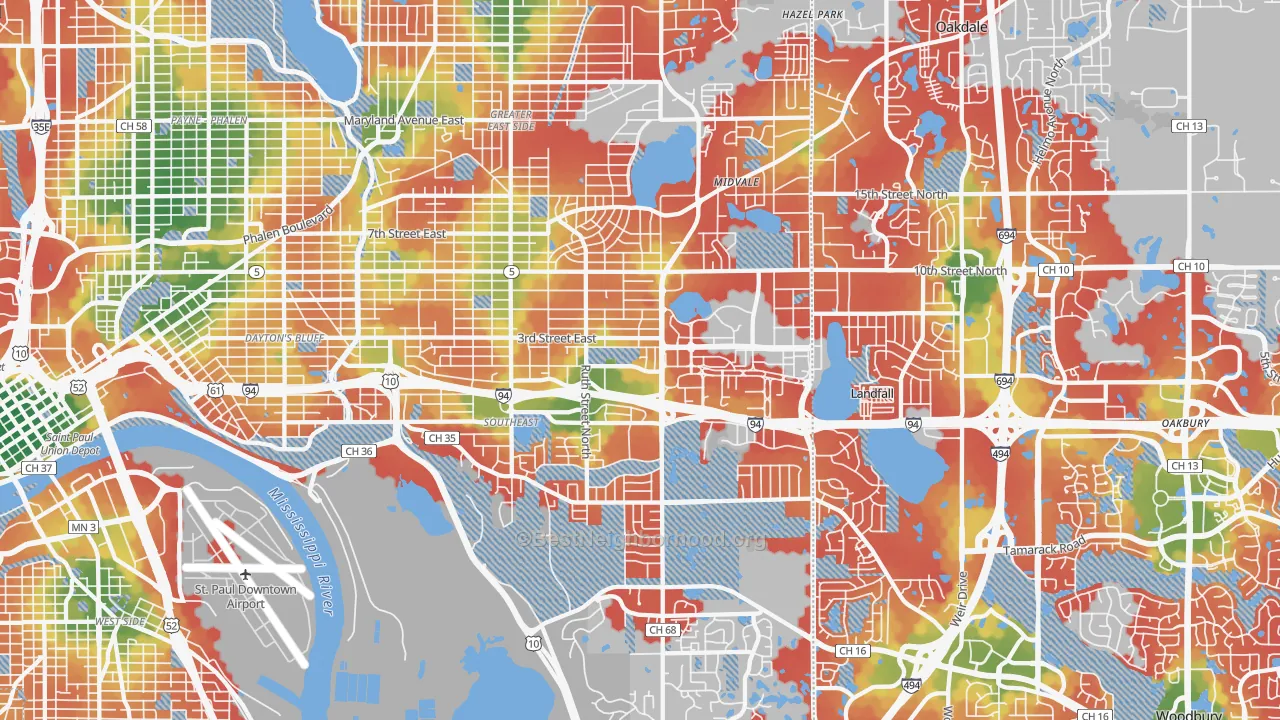 Walk Grade map of 55119, MN, walkable areas in green and car-dependent areas in red