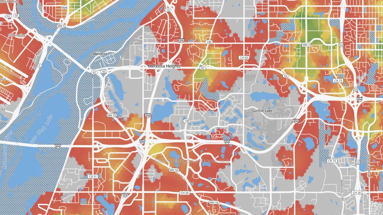Walk Grade map of 55120, MN, walkable areas in green and car-dependent areas in red