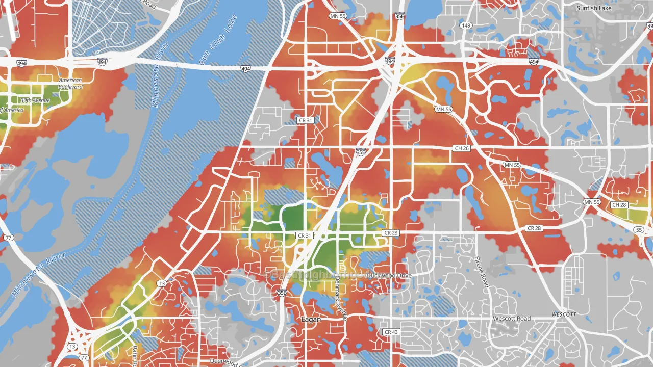 Walk Grade map of 55121, MN, walkable areas in green and car-dependent areas in red