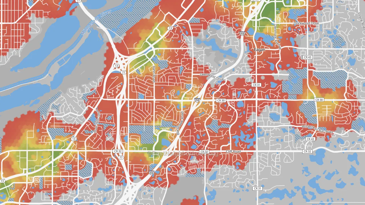 Walk Grade map of 55122, MN, walkable areas in green and car-dependent areas in red