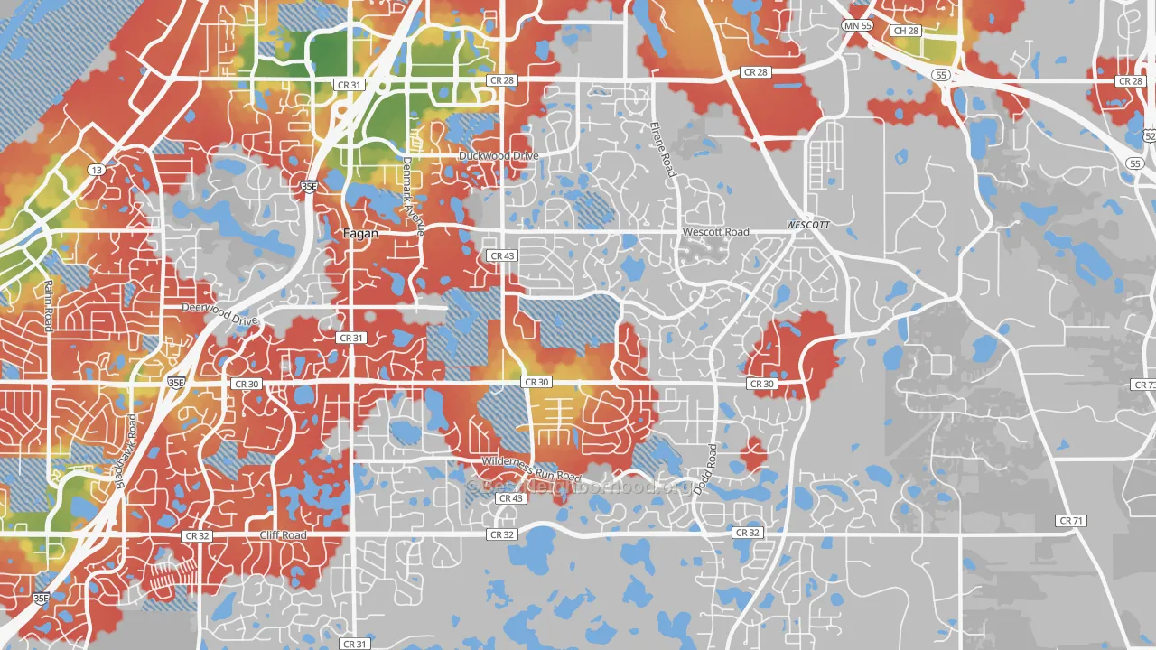 Walk Grade map of 55123, MN, walkable areas in green and car-dependent areas in red