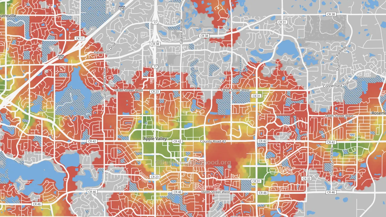 Walk Grade map of 55124, MN, walkable areas in green and car-dependent areas in red