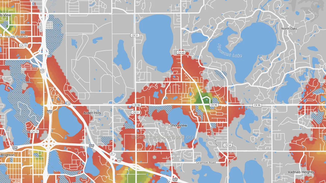 Walk Grade map of 55126, MN, walkable areas in green and car-dependent areas in red