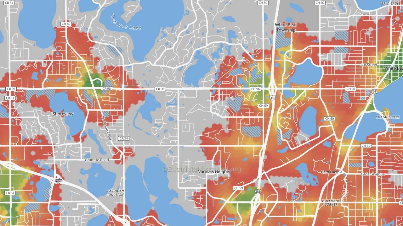 Walk Grade map of 55127, MN, walkable areas in green and car-dependent areas in red