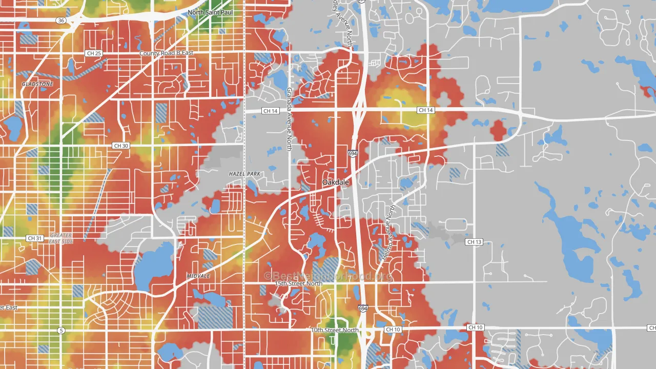 Walk Grade map of 55128, MN, walkable areas in green and car-dependent areas in red