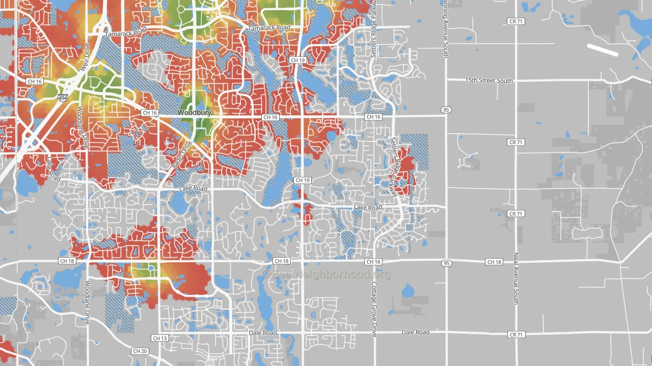 Walk Grade map of 55129, MN, walkable areas in green and car-dependent areas in red