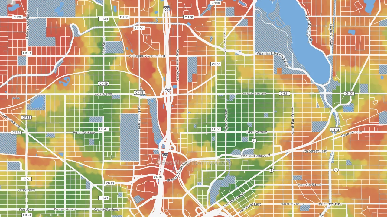 Walk Grade map of 55130, MN, walkable areas in green and car-dependent areas in red