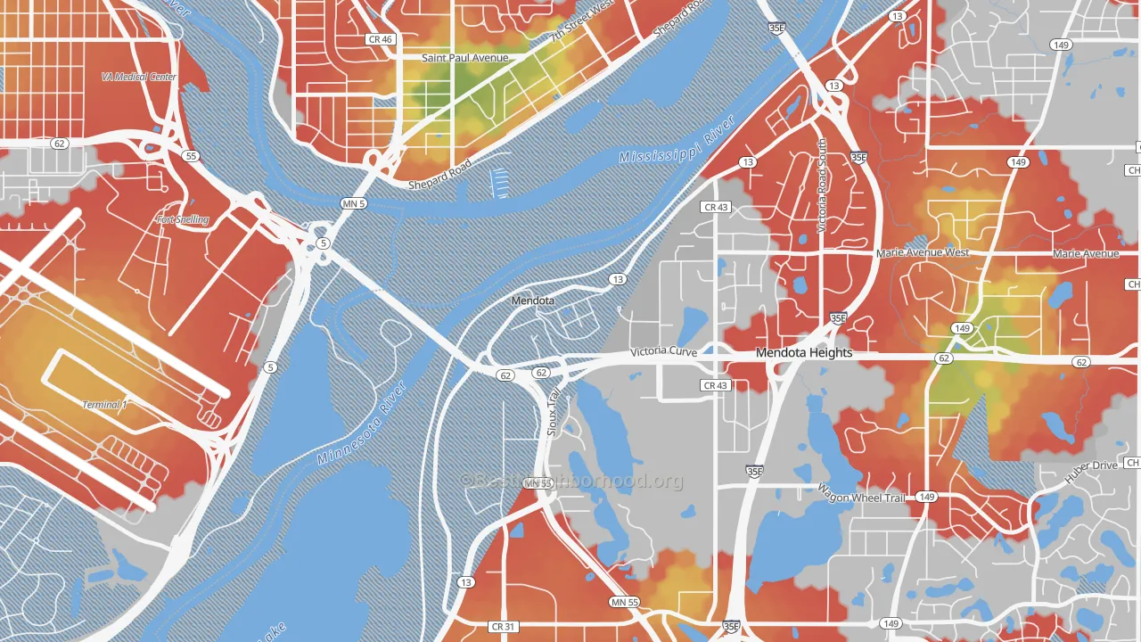 Walk Grade map of 55150, MN, walkable areas in green and car-dependent areas in red
