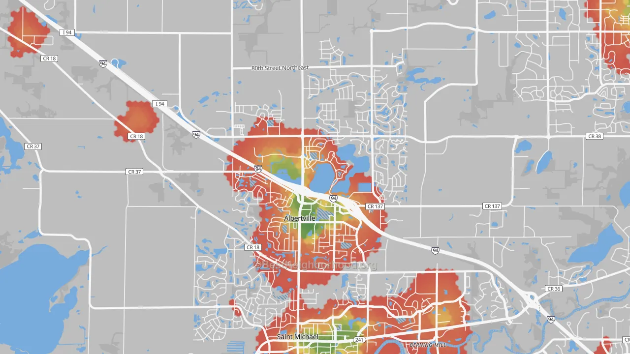 Walk Grade map of 55301, MN, walkable areas in green and car-dependent areas in red