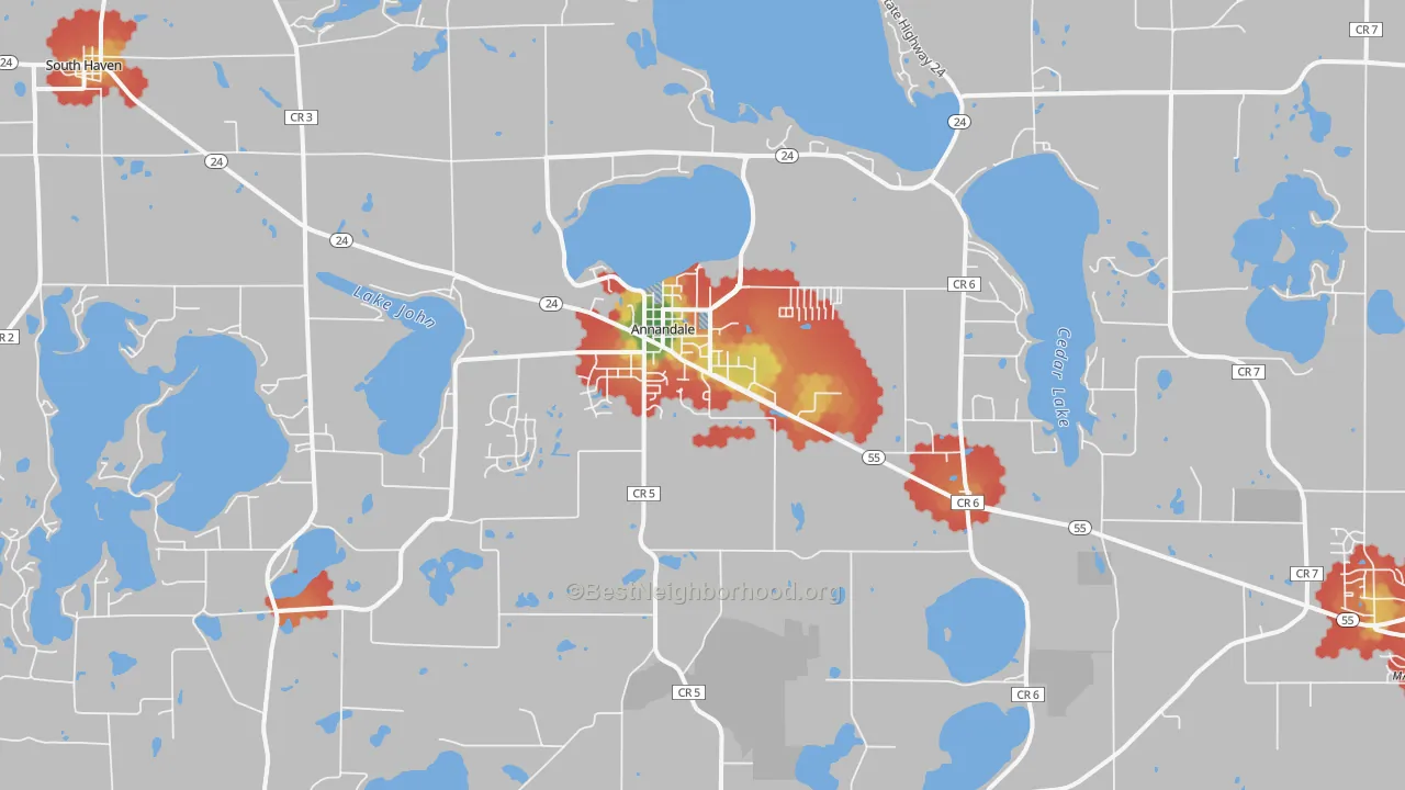Walk Grade map of 55302, MN, walkable areas in green and car-dependent areas in red