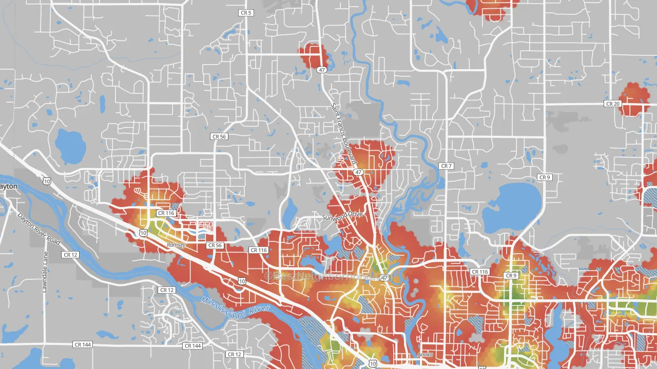 Walk Grade map of 55303, MN, walkable areas in green and car-dependent areas in red