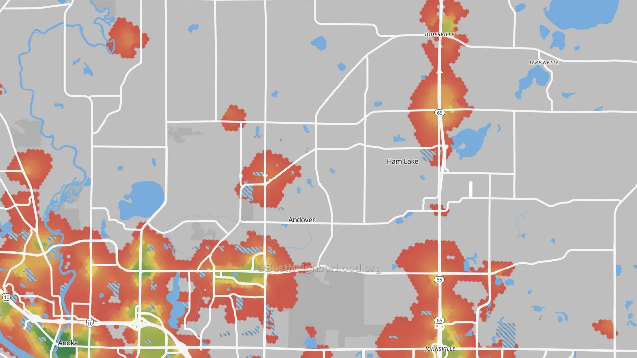 Walk Grade map of 55304, MN, walkable areas in green and car-dependent areas in red