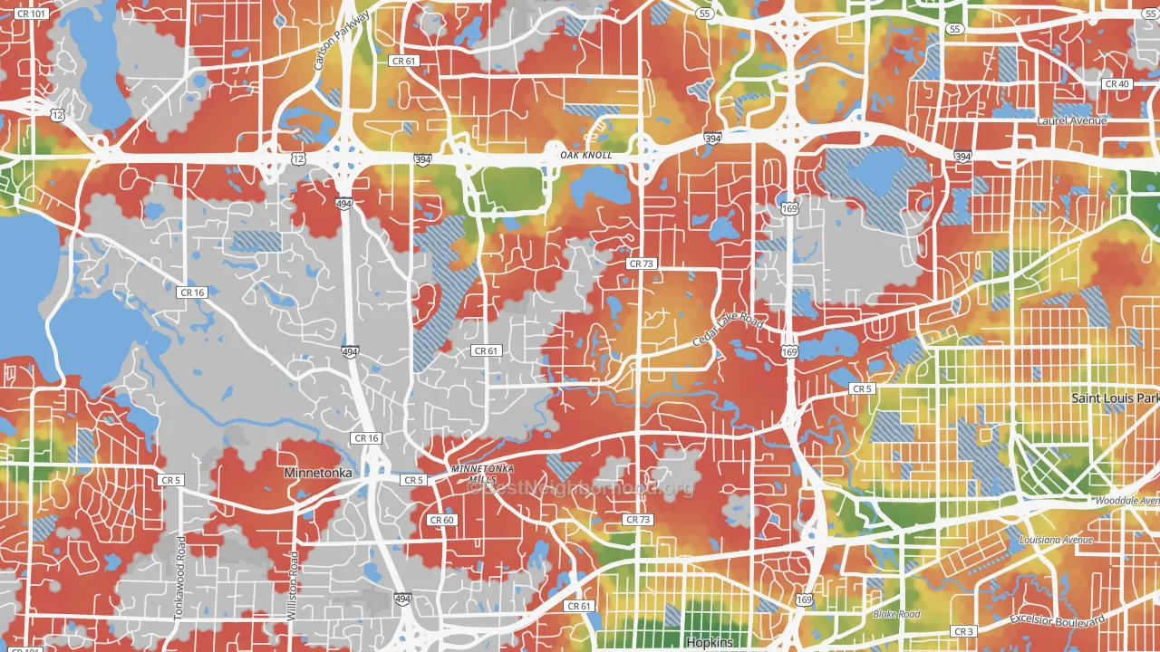 Walk Grade map of 55305, MN, walkable areas in green and car-dependent areas in red