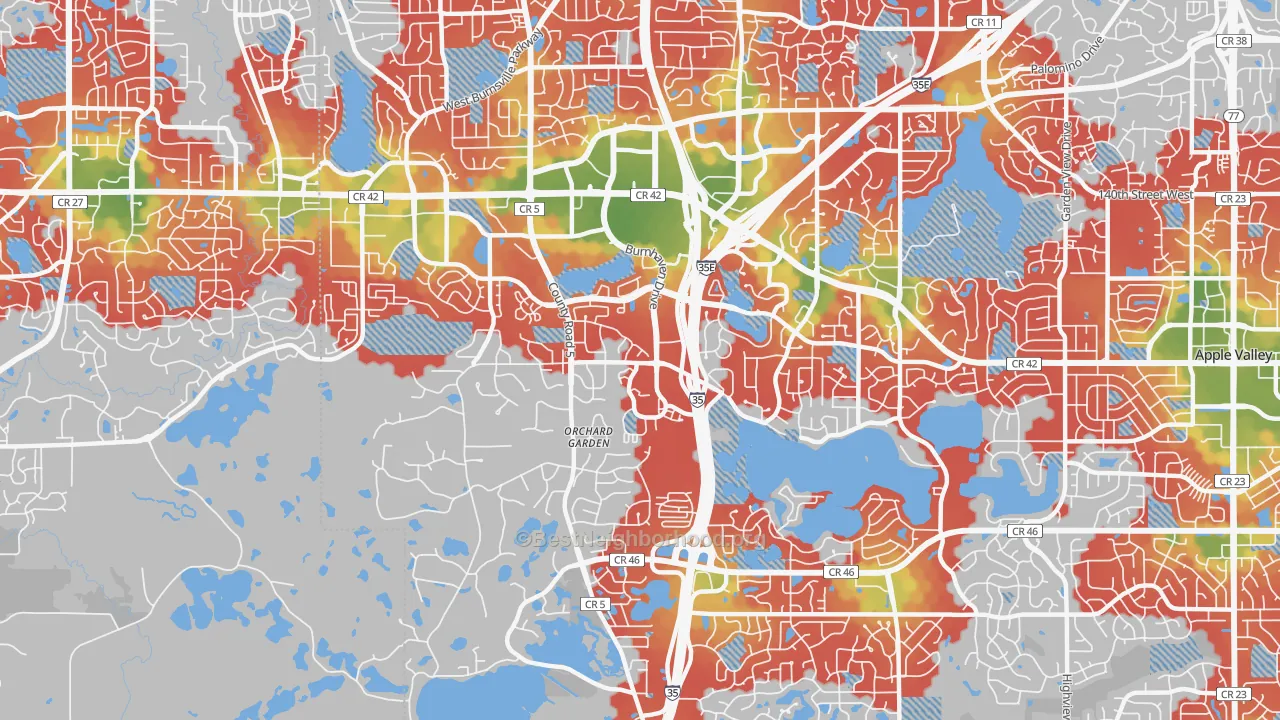 Walk Grade map of 55306, MN, walkable areas in green and car-dependent areas in red