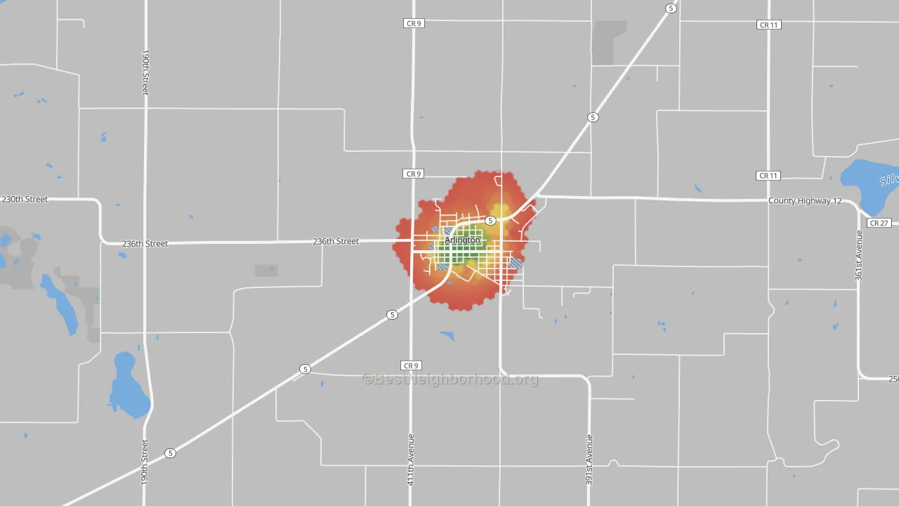 Walk Grade map of 55307, MN, walkable areas in green and car-dependent areas in red