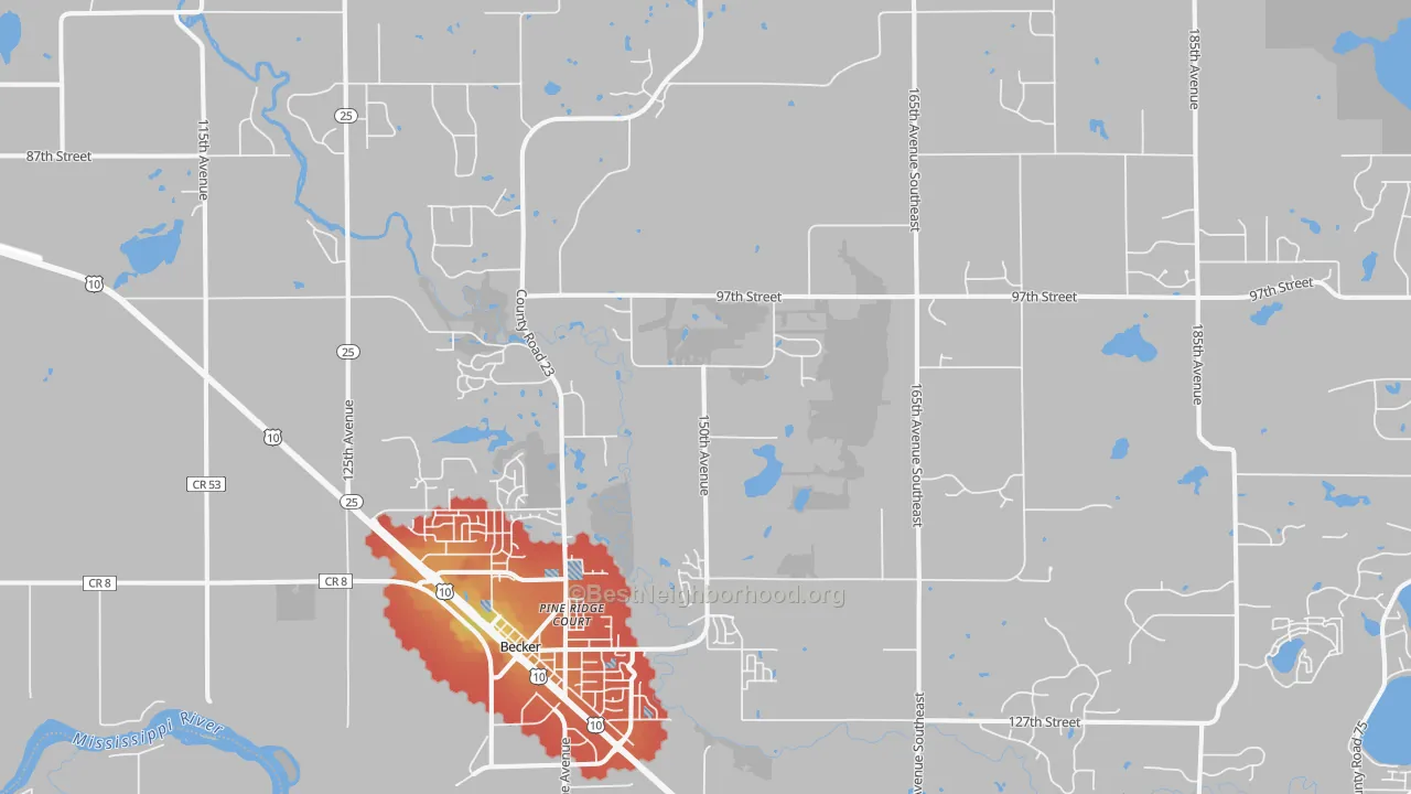 Walk Grade map of 55308, MN, walkable areas in green and car-dependent areas in red
