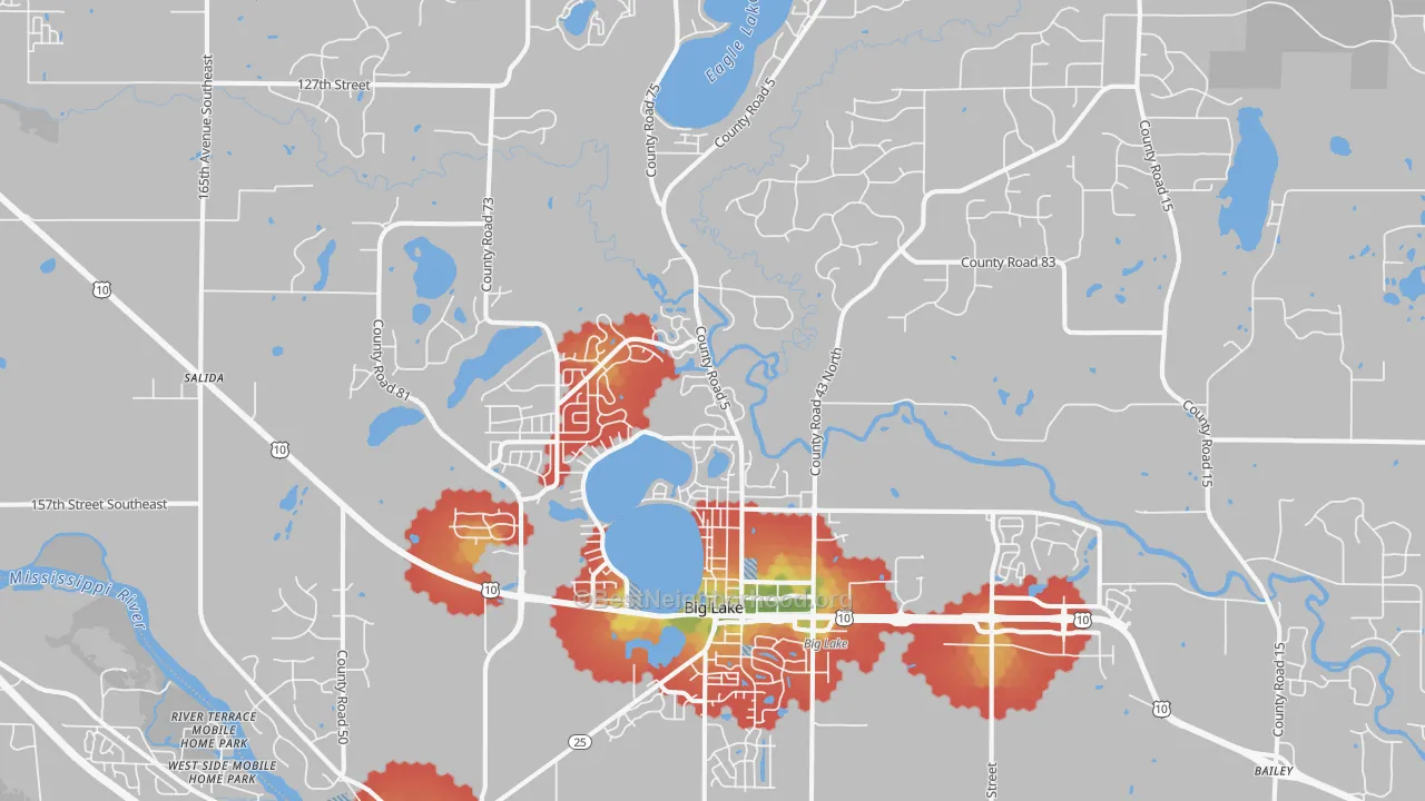 Walk Grade map of 55309, MN, walkable areas in green and car-dependent areas in red