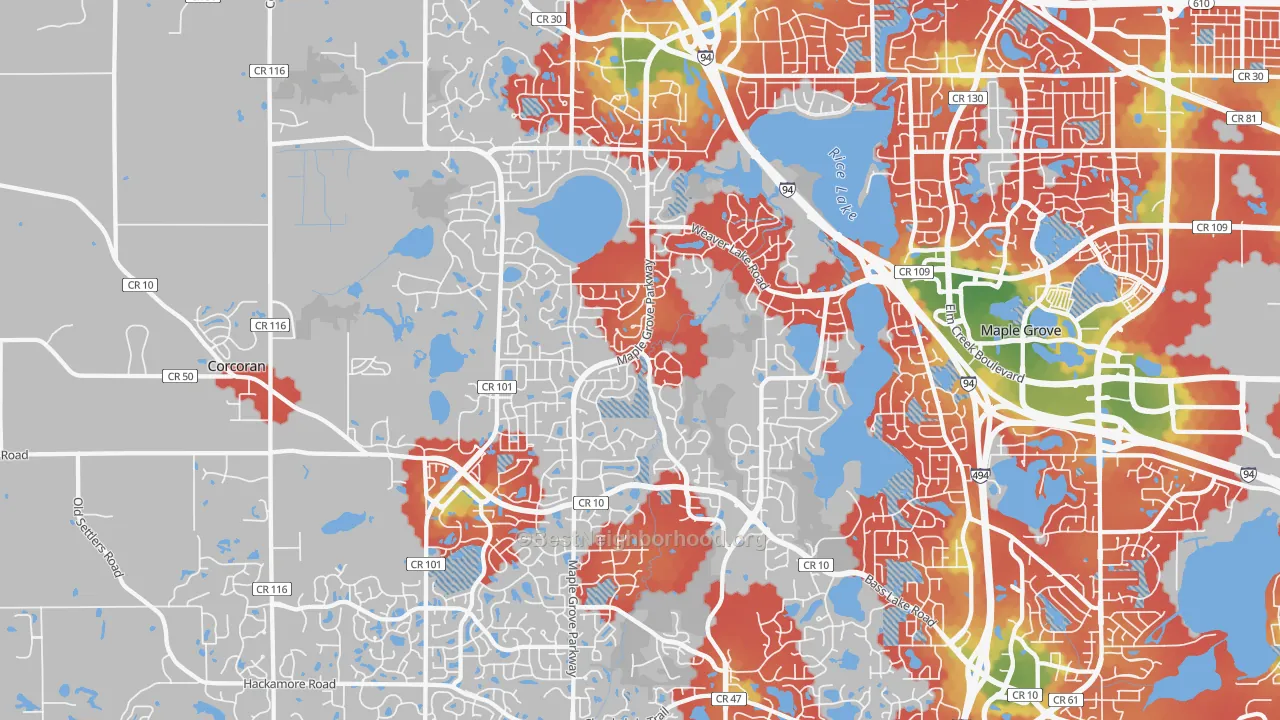 Walk Grade map of 55311, MN, walkable areas in green and car-dependent areas in red