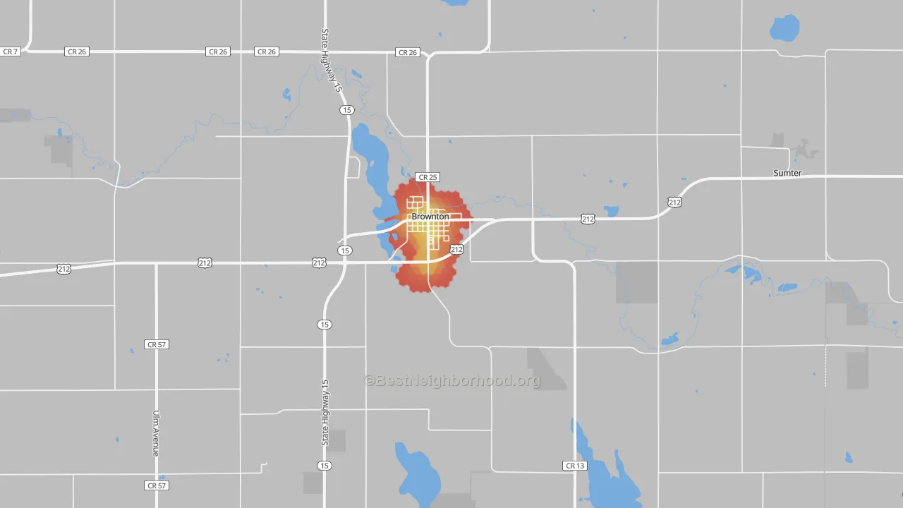 Walk Grade map of 55312, MN, walkable areas in green and car-dependent areas in red