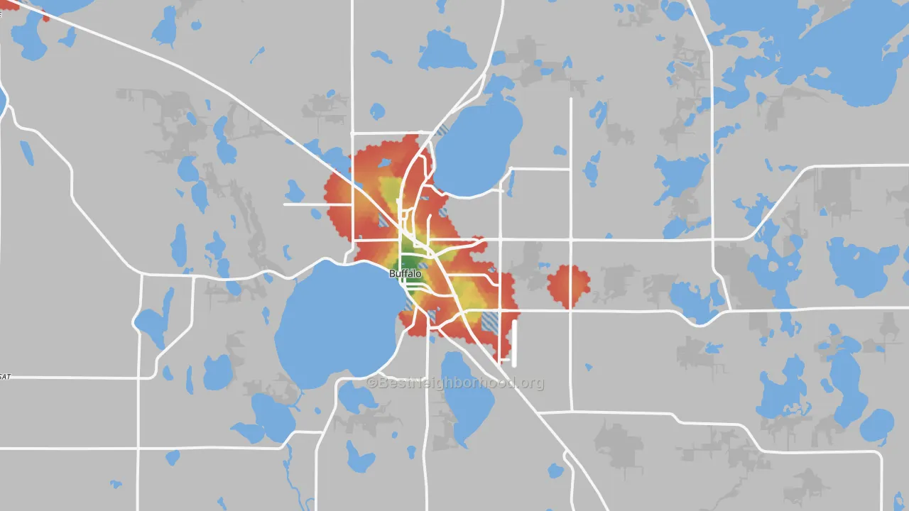 Walk Grade map of 55313, MN, walkable areas in green and car-dependent areas in red